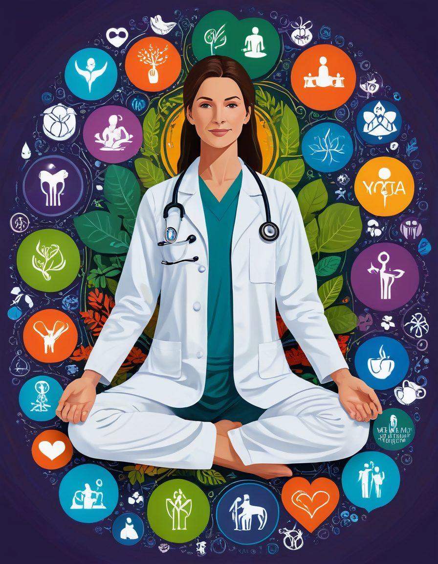 Illustration of a compassionate doctor in a surgical gown, surrounded by elements representing holistic care like yoga poses, medicinal plants, nutrition symbols, and family support. Background depicts an integrated network of medical and wellness icons that blend seamlessly. vector art. vibrant colors.
