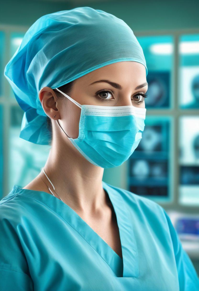 A serene yet intricate illustration of a surgeon dressed in scrubs and mask, delicately holding a scalpel in an operating room. Background includes subtle outlines of anatomically accurate organs, magnifying the focus on cancer cells in a compelling visual. The image should exude a sense of precision, compassion, and advanced medical technology, encapsulating the essence of transformative care in surgical oncology. painting. vibrant colors. detailed. medical illustration style.