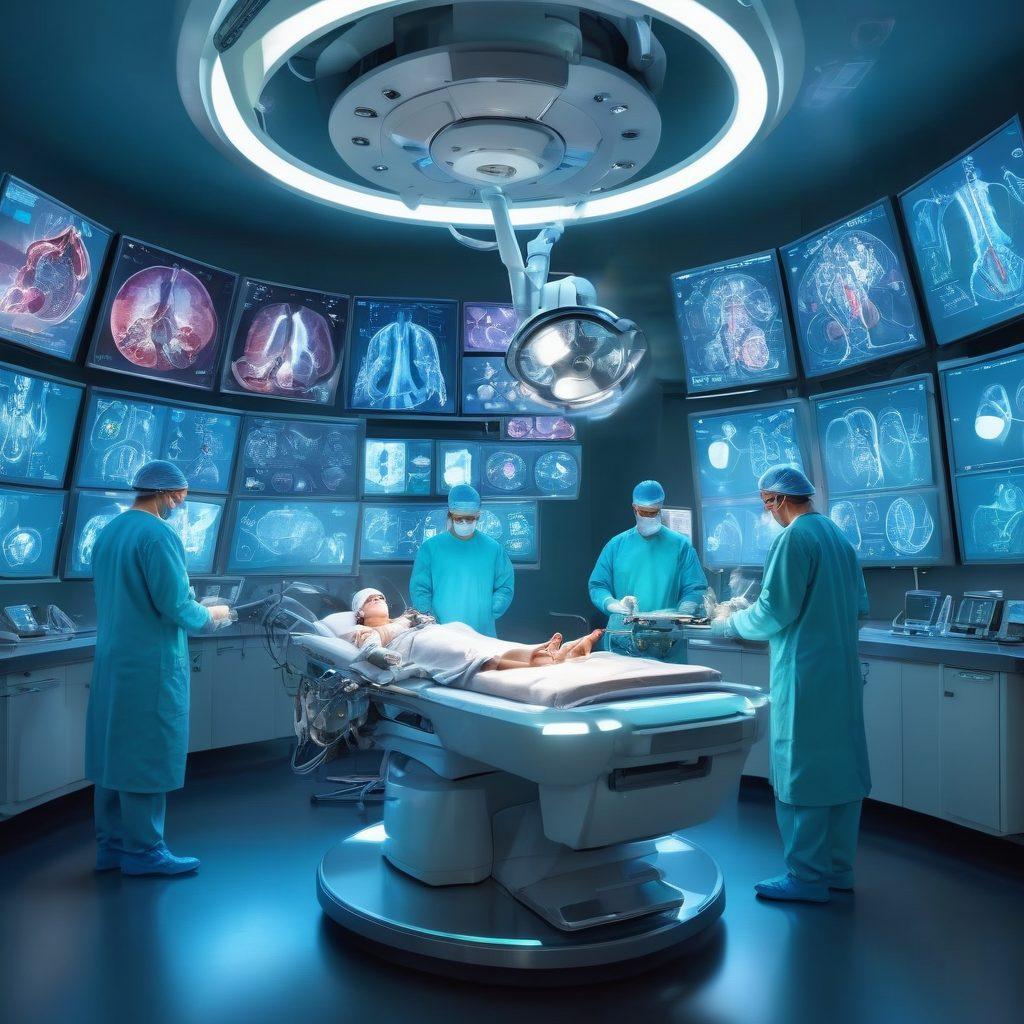 A detailed surgical team in a high-tech operating room carefully removing a tumor, with futuristic medical equipment and informative charts on the walls illustrating tumor anatomy and innovative techniques. Convey a sense of precision, innovation, and hope. super-realistic. vibrant colors. 3D.